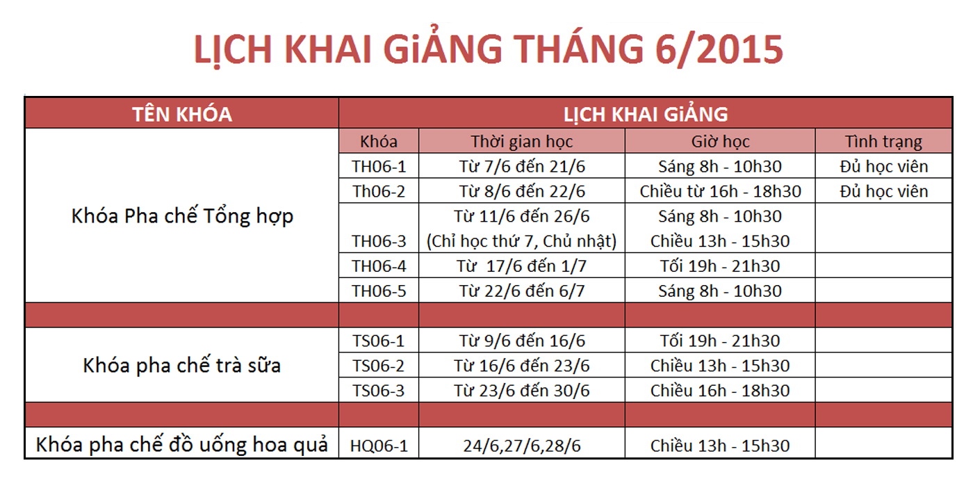 Lịch khai giảng tháng 6